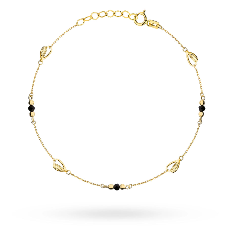 Goldarmband mit Herz, Perlen und schwarzen Steinen