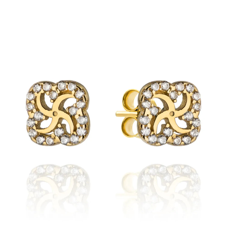 Gold Earrings with Zirconia Flowers