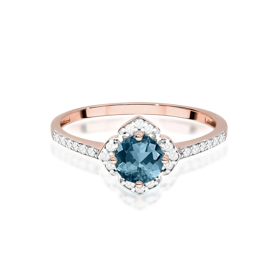 Zlatý prsten Květina s 0.50ct topazem London Blue a diamanty