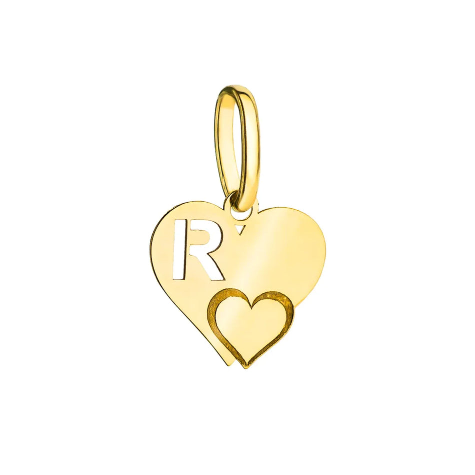 Gold Pendant Letter R on a Heart-Shaped Plate