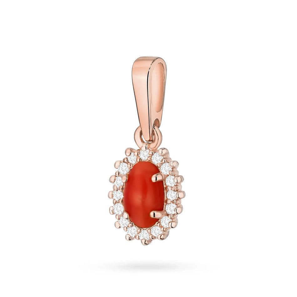 Gold Pendant with 0.20ct Coral and 0.08ct Diamonds
